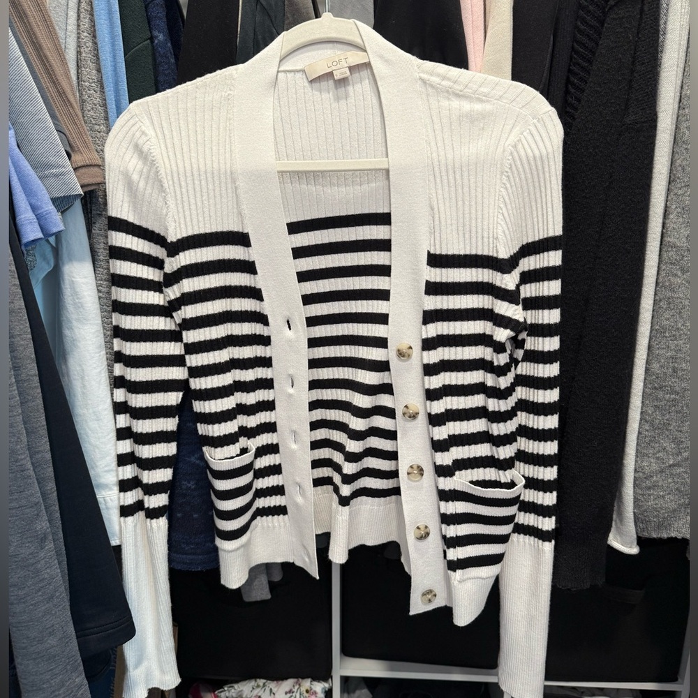 LOFT Women's Black and White Striped Cardigan